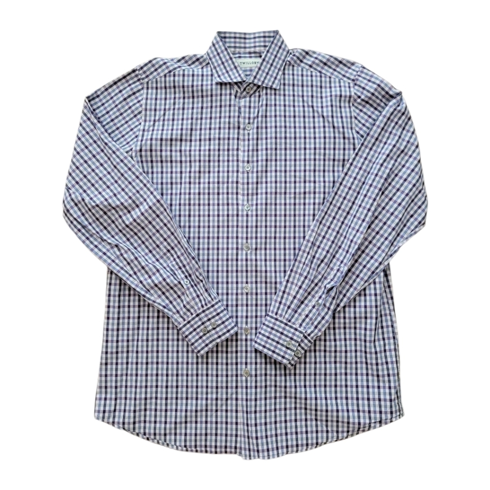 Twillory Traditional Fit‎ Button Down 17 36/37 Purple Gingham Long Sleeve Shirt